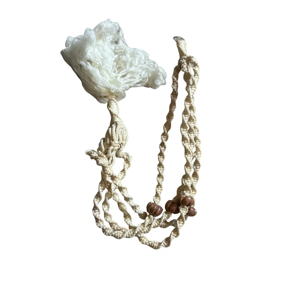 Vintage 70s Macrame Plant Hanger Wood Beads Boho Hippie Cream Ivory [Length]